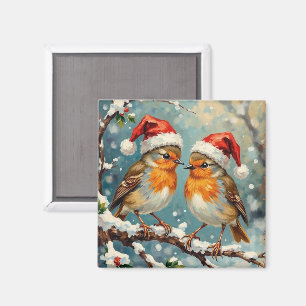 Imã Rouxinóis Vintage com Chapéus de Papai Noel em Gal