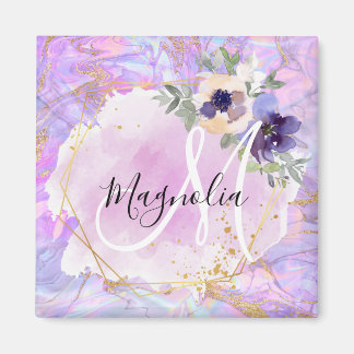 Imã Roxo Floral, Rosa e Dourado, Marble Monograma