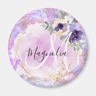 Imã Roxo Floral, Rosa e Dourado, Marble Monograma