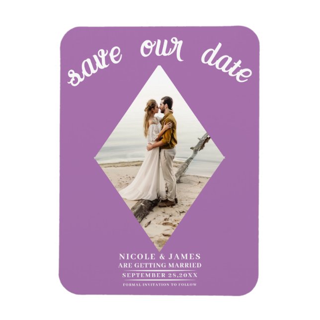 Ímã Roxo Lavanda Diamante Foto Casamento Salve a Data (Vertical)