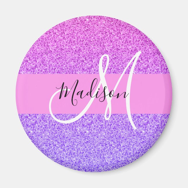 Imã Roxo Rosa Glitter Faísca Gradiente Monograma (Frente)