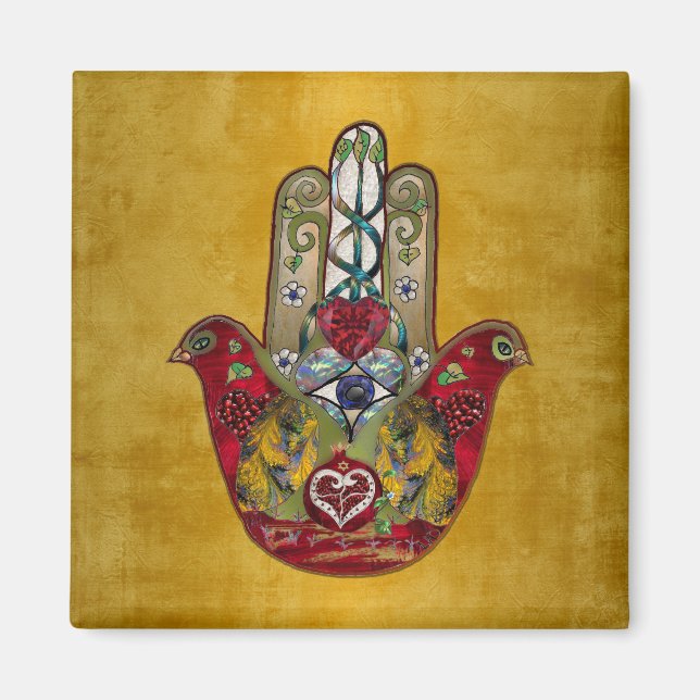Imã Rubis Romã Coração Vermelho Pássaro Hamsa (Frente)