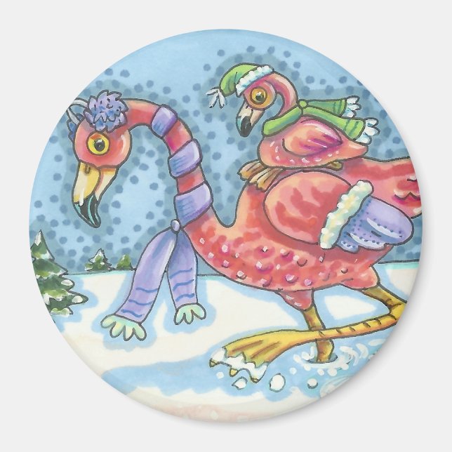 Imã RUBRICA SUL, PINK FLAMINGOS WINTER MAGNET Round (Frente)