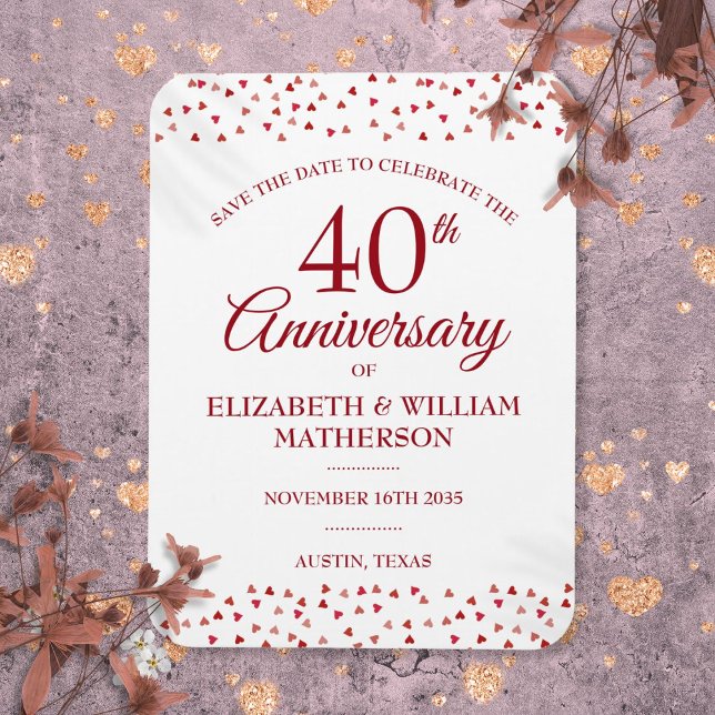 Ímã Ruby Hearts, 40 anos de casamento Salva a data (40th Wedding Anniversary Ruby Hearts Save the Date Magnet)