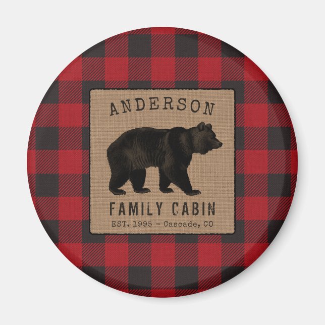 Imã Rustic Bear Family Cabin Red Buffalo Plaid Burlap (Frente)