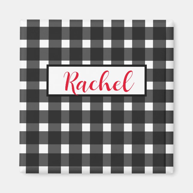 Imã Rustic Black White Gingham Personalizado (Frente)