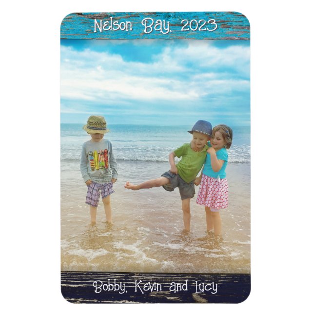 Ímã Rustic Blue White Beach Wood Text Photo Frame (Vertical)