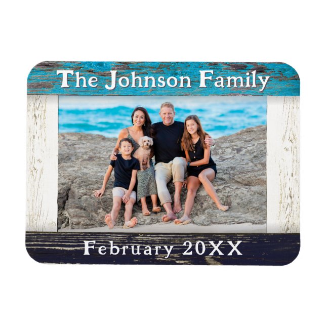 Ímã Rustic Blue Wood Family Name Photo Frame (Horizontal)