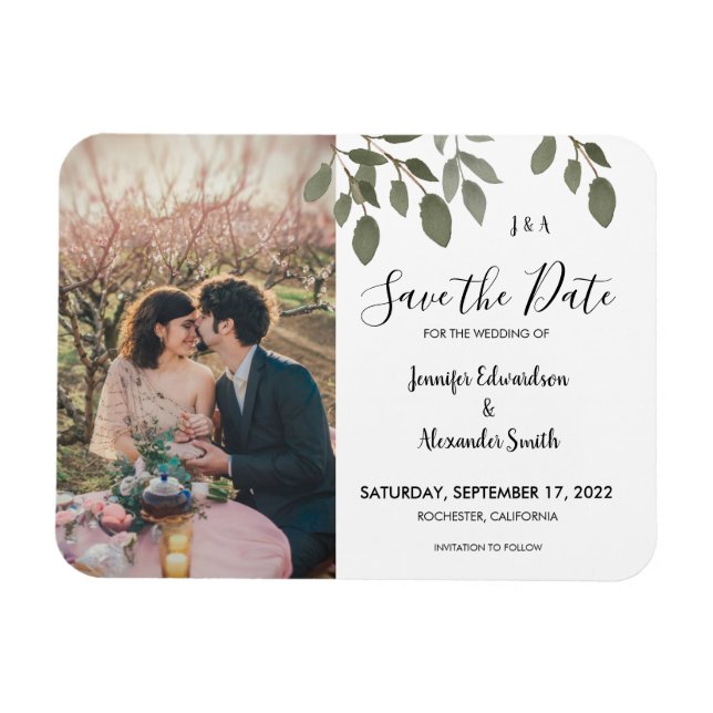 Ímã Rustic botanical monogram photo Save the Date (Horizontal)