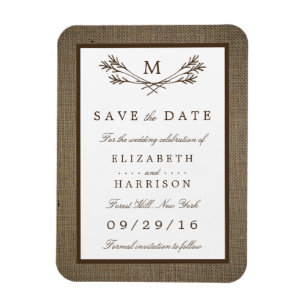 Ímã Rustic Burlap Monogram Branch Save The Date