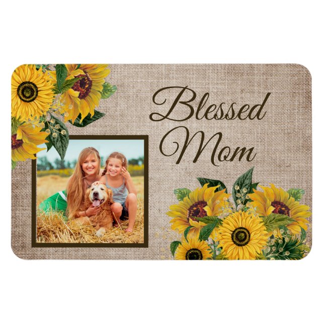 Ímã Rustic Burlap Sunflower Abençoa Foto Da Mãe (Horizontal)