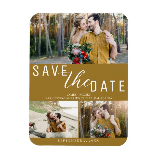 Ímã Rustic Gold Save the Date Casamento 3 Fotos (Vertical)