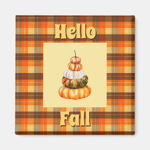 Imã Rustic Hello Fall Xadrez com Pumpkin Laranja