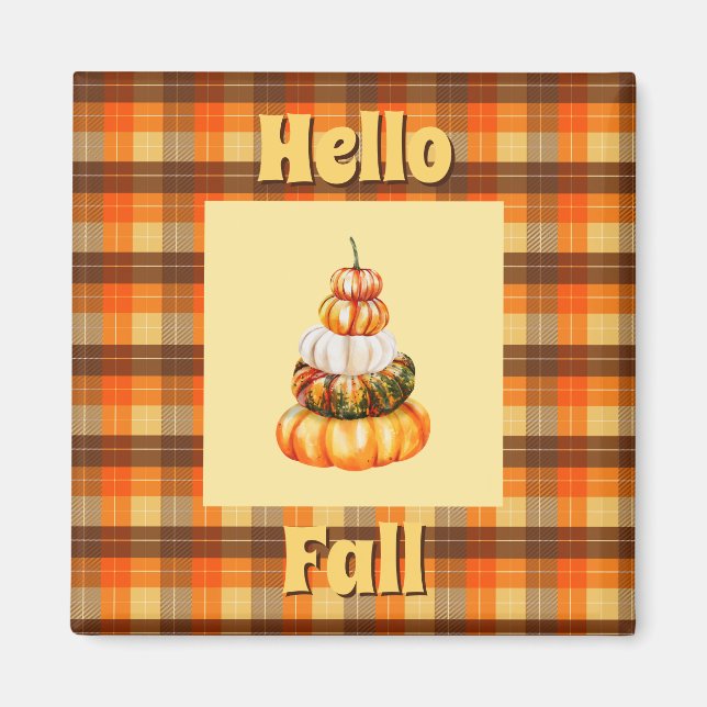 Imã Rustic Hello Fall Xadrez com Pumpkin Laranja (Frente)