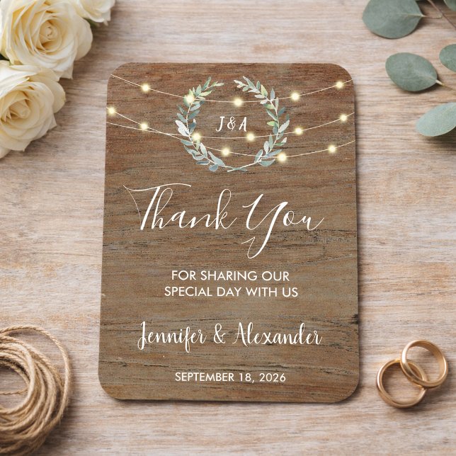Ímã Rustic leaves wood string lights Thank you wedding (Rustic leaves wood string lights Thank you wedding Magnet. For your perfect rustic wedding.)