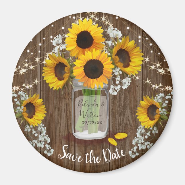 Imã Rustic Mason Jar Sunflower Salve o Casamento da Da (Frente)