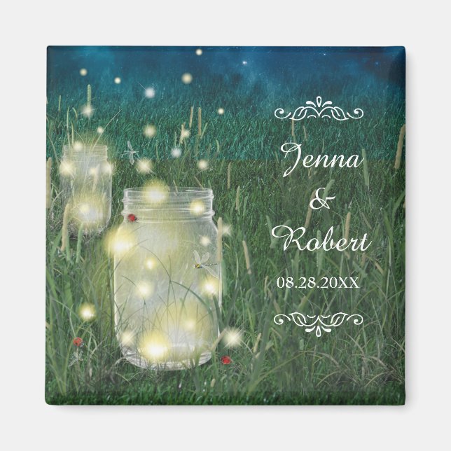 Imã Rustic Meadow Summer Night Mason Jar e Fireflies (Frente)