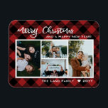 Ímã Rustic Red Buffalo Check Merry Christmas Collage<br><div class="desc">Send your family's best Christmas and New Year's wishes with this festive, decorative family photo holiday magnet card. Design features 4 of your favorite photos. Customizable New Year's Message, family name and year on a rustic and very traditional red black buffalo check also known as lumberjack plaid pattern in the...</div>