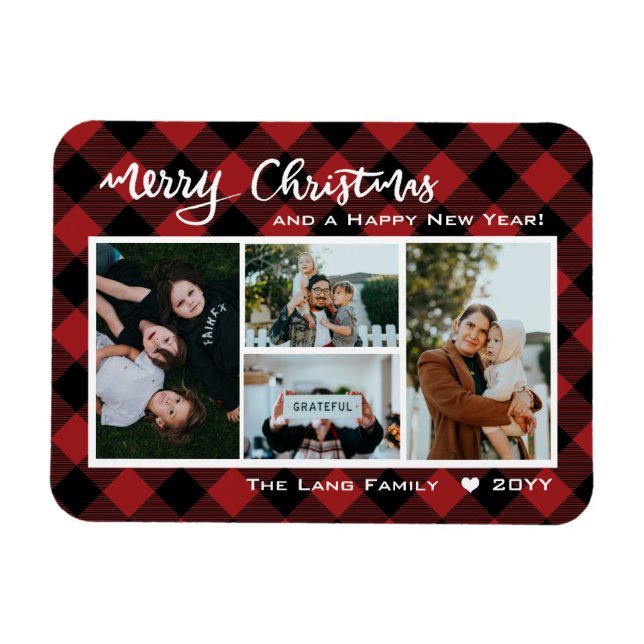 Ímã Rustic Red Buffalo Check Merry Christmas Collage (Horizontal)