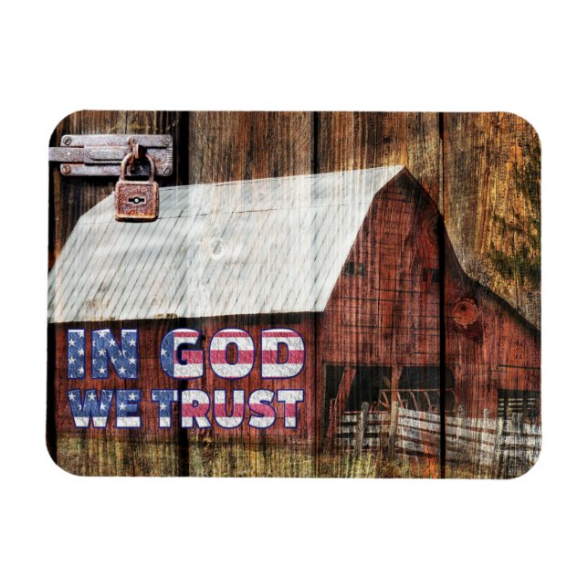 Ímã Rustic Red Faded Barn Com Trava Em Deus Nós Confia (Horizontal)