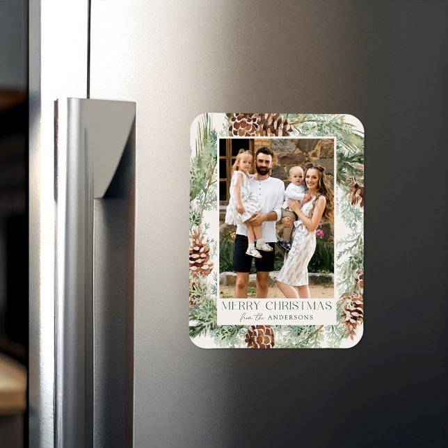 Ímã Rustic Watercolor Pine Cone Wreath Photo (Criador carregado)