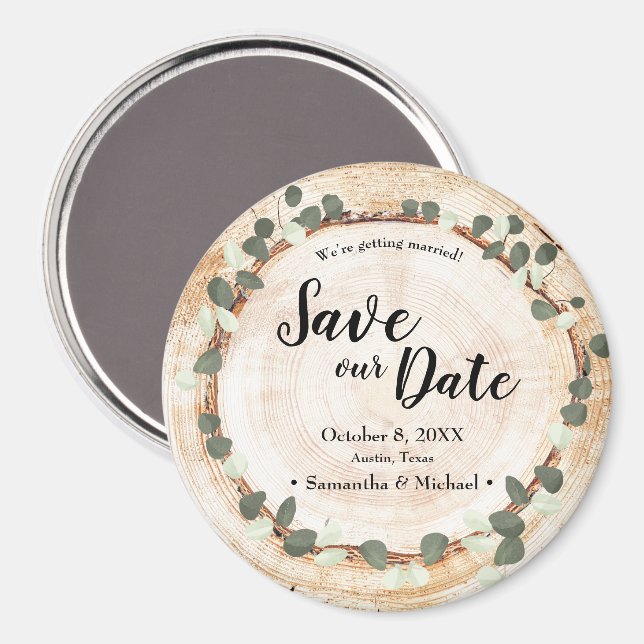 Imã Rustic Wedding Eucalyptus Wood Cut Slice Custom (Front/Back)