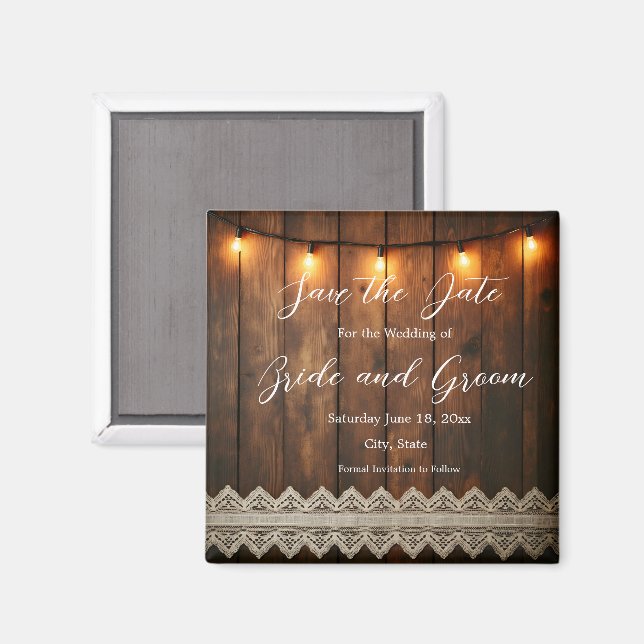 Imã Rustic Wood and Lace Wedding Save the Date Magnet (Front/Back)