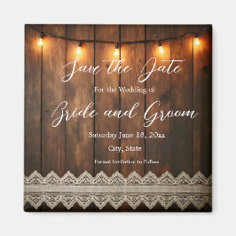 Imã Rustic Wood and Lace Wedding Save the Date Magnet