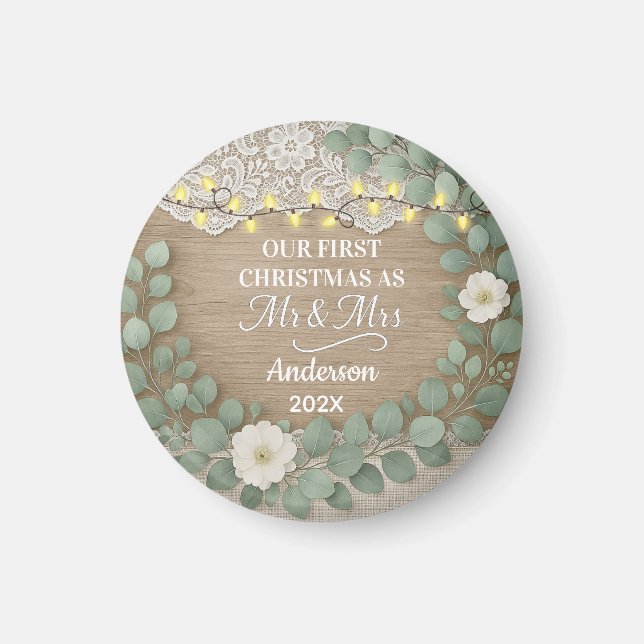 Imã Rustic Wood & Eucalyptus Mr & Mrs Christmas (Frente)