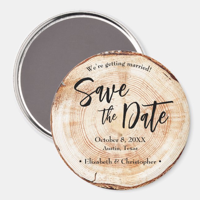 Imã Rustic Wood Slice Custom Save the Date Wedding (Front/Back)