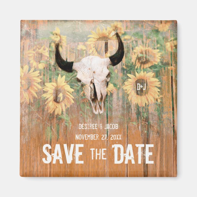 Imã Rústico Casamento Girassóis Touro Caveira Salvo Da (Frente)