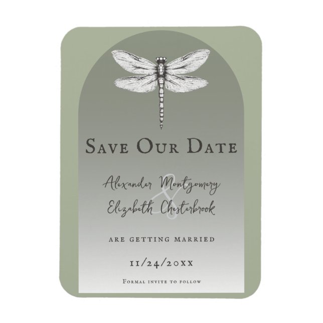Ímã Sage Green Dragonfly Wedding (Vertical)