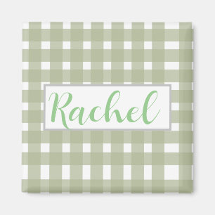 Imã Sage Green White Gingham Personalizado