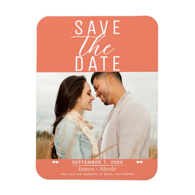 Ímã Salva a Data de Casamento Moderno com Foto em Rosa (Vertical)