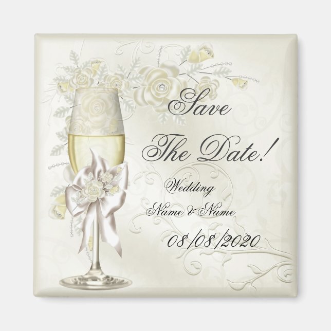 Imã Salvar a Data Casamento Dourado Creme Pérola Flora (Frente)