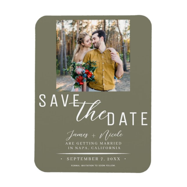 Ímã Salvar a Data de Casamento em Verde Oliva com Foto (Vertical)