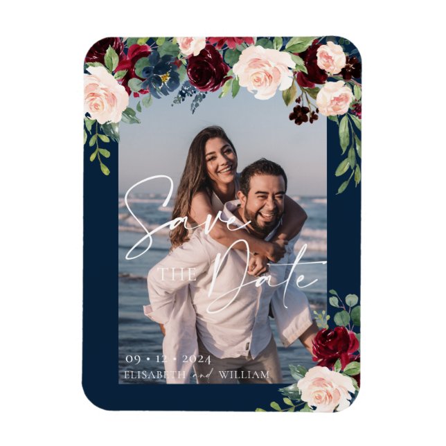 Ímã Salvar a Data Foto Navy Burgundy e Blush (Vertical)