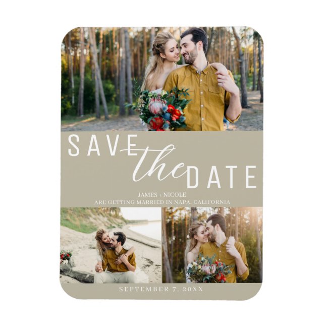 Ímã Salvar data de casamento bege Tan 3 fotos (Vertical)