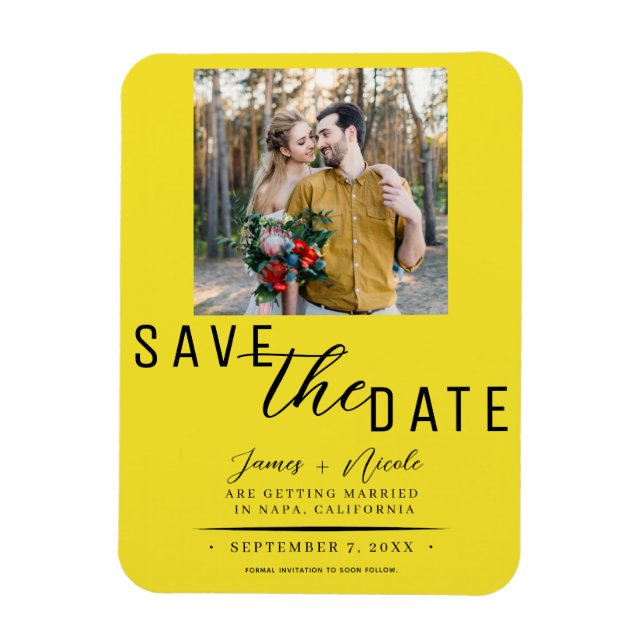 Ímã Salvar data de casamento com foto em amarelo brilh (Vertical)