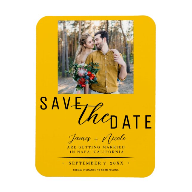 Ímã Salvar data de casamento com foto em amarelo giras (Vertical)