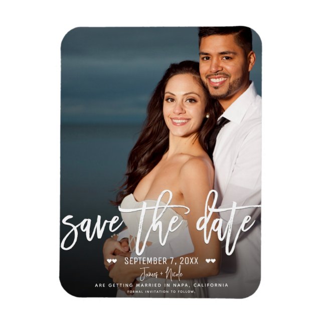 Ímã Salvar data de casamento com foto em letra cursiva (Vertical)