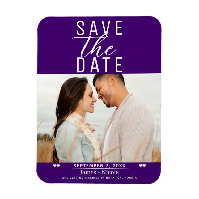 Ímã Salvar data de casamento com foto em roxo índigo m (Vertical)