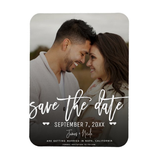 Ímã Salvar data de casamento com foto em script branco (Vertical)