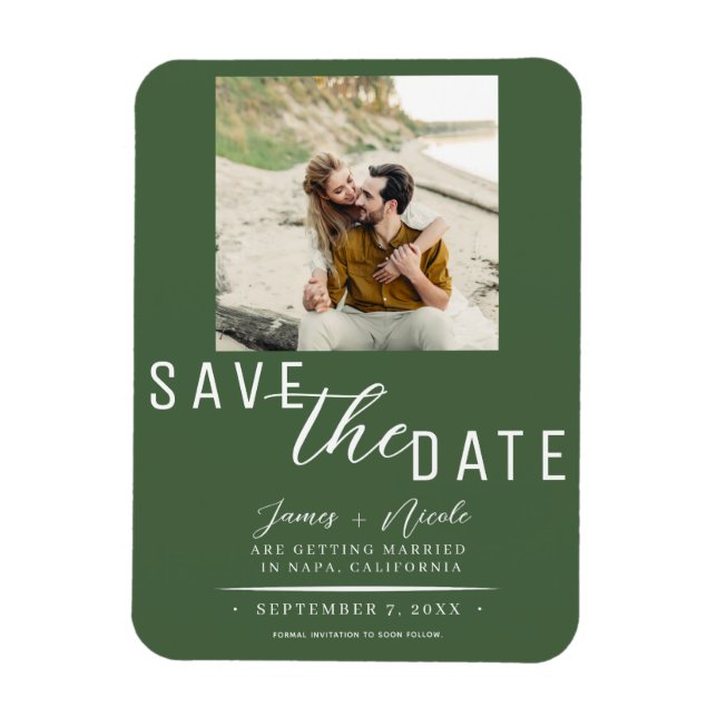 Ímã Salvar data de casamento com foto verde (Vertical)