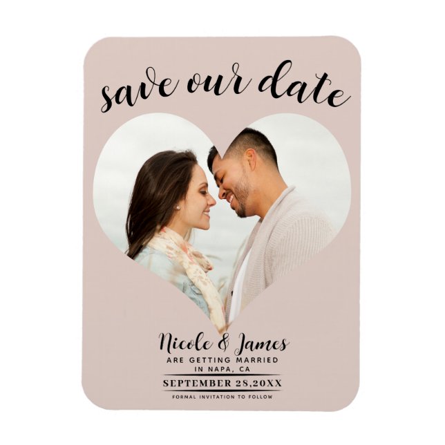 Ímã Salvar Data de Casamento Foto Coração Bege Rosado (Vertical)