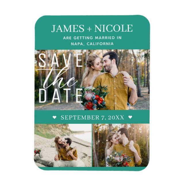 Ímã Salvar data de casamento moderno verde-teal com 3  (Vertical)