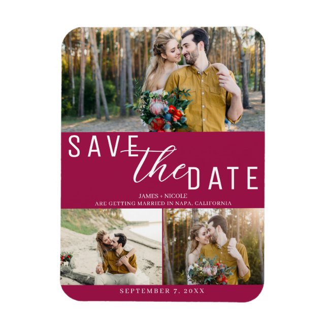 Ímã Salvar data de casamento rosa framboesa 3 fotos (Vertical)