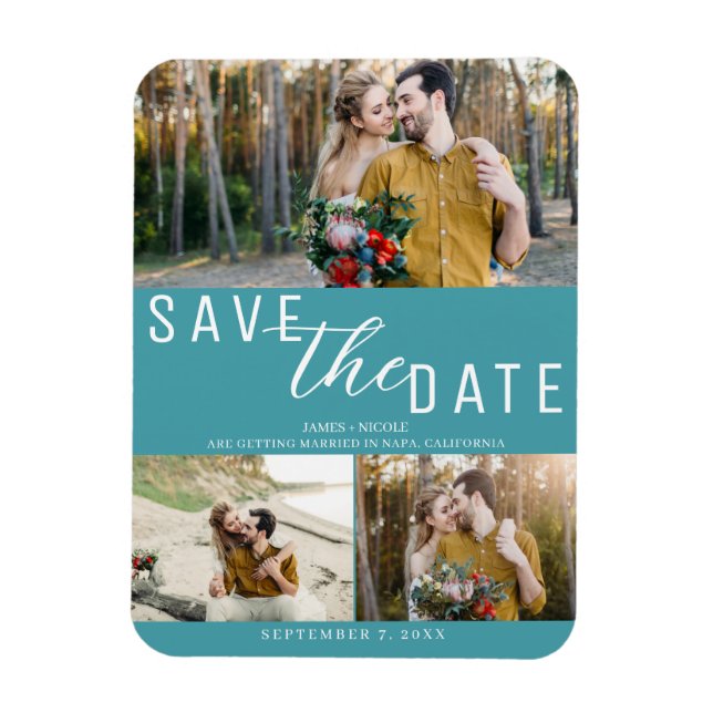 Ímã Salvar data de casamento turquesa 3 fotos (Vertical)
