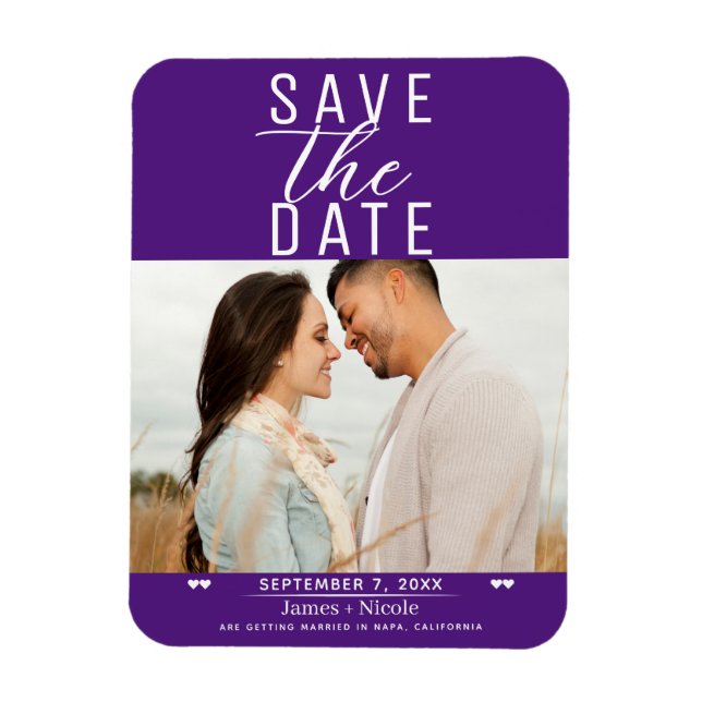 Ímã Salvar data roxo real Fotografia de casamento (Vertical)