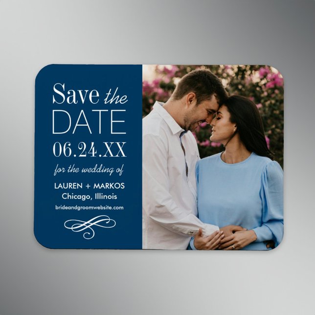 Ímã Salve a Data da Foto com Painel Dividido Azul Mari (Criador carregado)